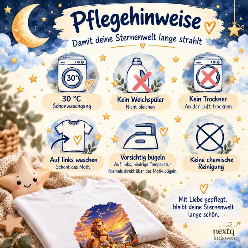 May include: An instructional graphic titled Pflegehinweise featuring icons for garment care: wash at 30 degrees Celsius, no fabric softener, no tumble drying, wash inside out, iron with care, and no dry cleaning, with a white t-shirt below.