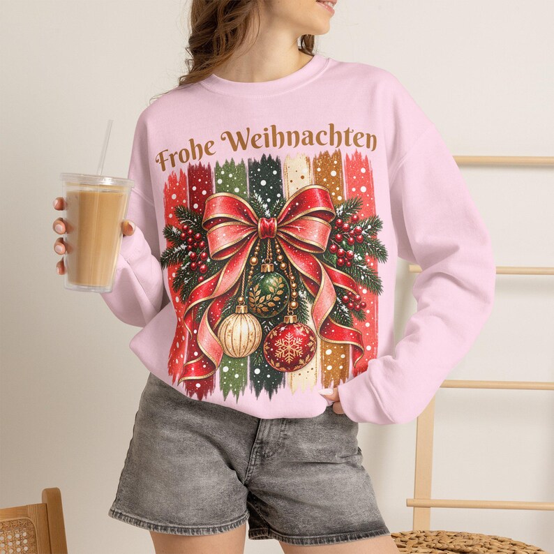 Weihnachtspullover Damen Frohe Weihnachten, Sweatshirt mit Schleife und Streifen, Weihnachtspulli Geschenk Frau Freundin Mama Bild 6