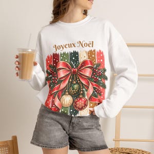Jersey de mujer Joyeux Noël, jersey navideño francés con lazo y rayas, sudadera navideña de regalo para mujer.