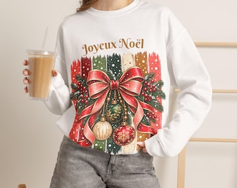 Sweter damski Joyeux Noël, francuski sweter świąteczny z kokardą i paskami, świąteczny prezent na bluzę dla kobiet