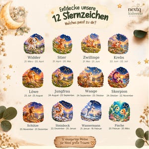 May include: A poster titled Entdecke unsere 12 Sternzeichen featuring twelve circular illustrations of zodiac animals with constellations. Each animal is paired with its German name and date range, set against a cream background with a crescent moon and stars.