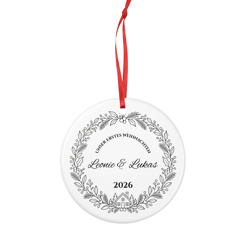 German Our First Christmas Ornament 2026 Unser erstes Weihnachten, Personalized Couple Names, Flat Ceramic, Gift for Couples image 4