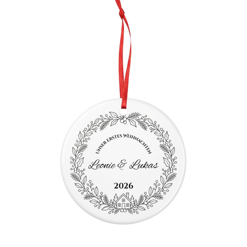 German Our First Christmas Ornament 2026 Unser erstes Weihnachten, Personalized Couple Names, Flat Ceramic, Gift for Couples image 3