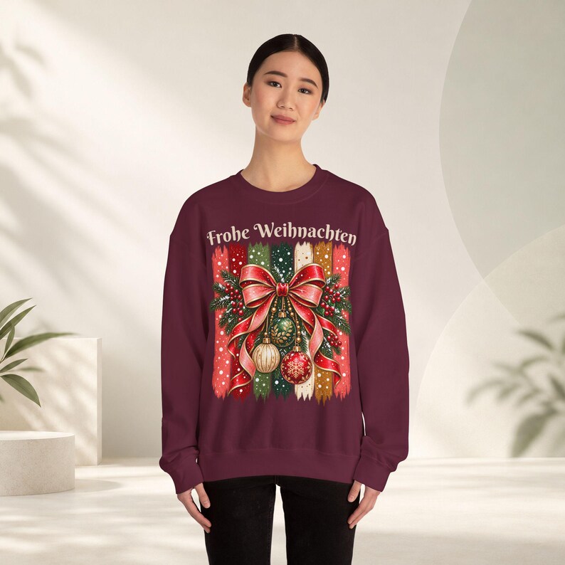 Weihnachtspullover Damen Frohe Weihnachten, Sweatshirt mit Schleife und Streifen, Weihnachtspulli Geschenk Frau Freundin Mama Bild 10