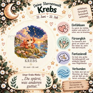 Puede incluir: Un p&oacute;ster decorativo del signo zodiacal C&aacute;ncer con una ilustraci&oacute;n central de un cangrejo en una costa rocosa bajo un cielo estrellado. El dise&ntilde;o incluye texto en alem&aacute;n, bordes florales, una luna creciente y cuatro iconos circulares.