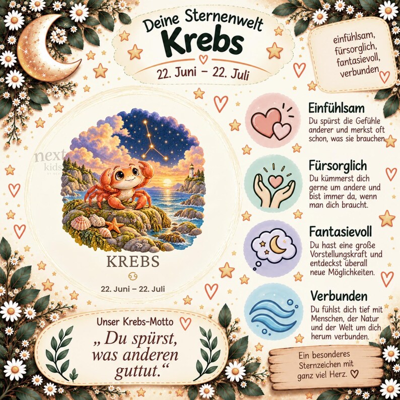 Puede incluir: Un p&oacute;ster decorativo del signo zodiacal C&aacute;ncer con una ilustraci&oacute;n central de un cangrejo en una costa rocosa bajo un cielo estrellado. El dise&ntilde;o incluye texto en alem&aacute;n, bordes florales, una luna creciente y cuatro iconos circulares.