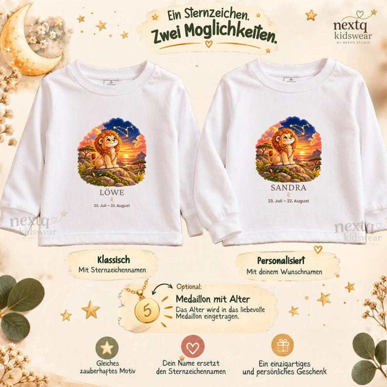May include: Two white long-sleeve shirts featuring a graphic of a lion cub sitting on a rock at sunset under a starry sky. One shirt displays the text L&Ouml;WE, the other displays SANDRA, both with the dates 23. Juli &ndash; 22. August and the Leo zodiac symbol.