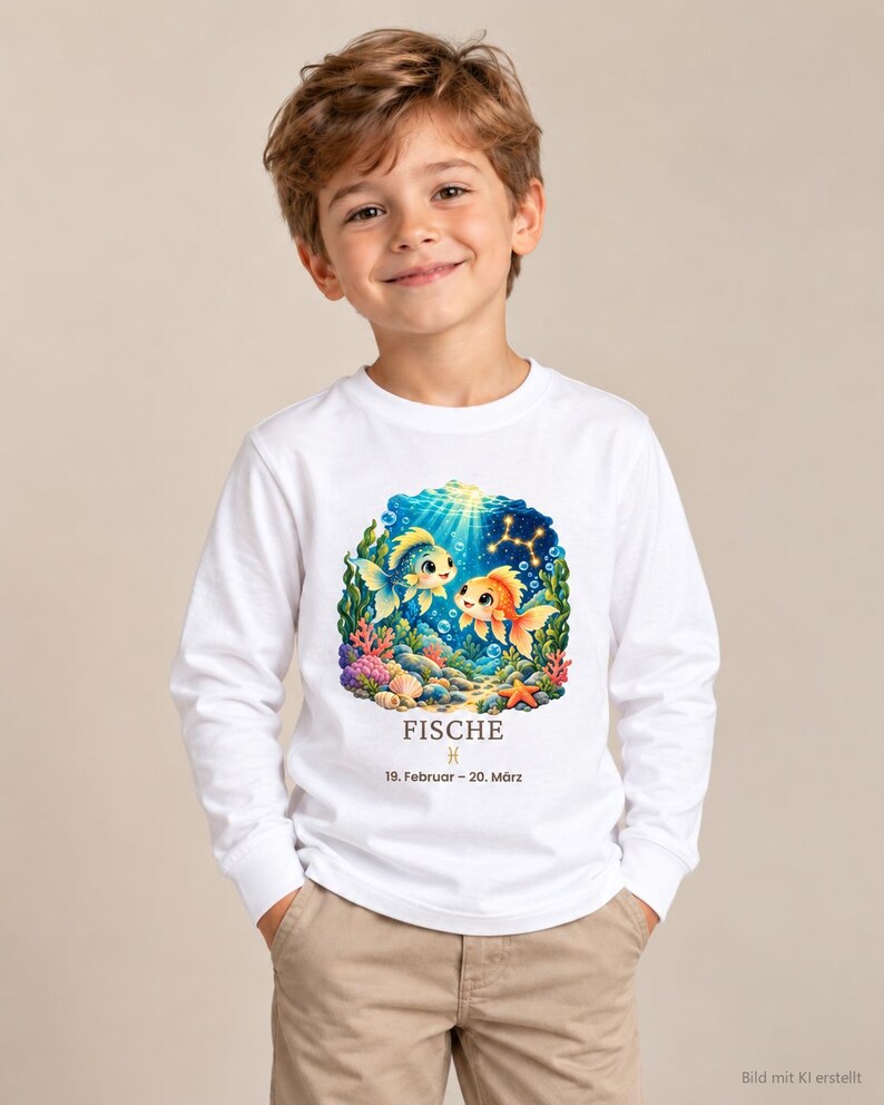 Junge trägt Kinder-Langarmshirt mit Fische-Motiv aus „Deine kleine Sternenwelt“ (Bild mit KI erstellt)
