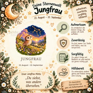 May include: A decorative poster featuring the Virgo zodiac sign, an owl illustration, and German text. It includes a crescent moon, floral borders, and four icons representing personality traits: a magnifying glass, shield, checklist, and heart.