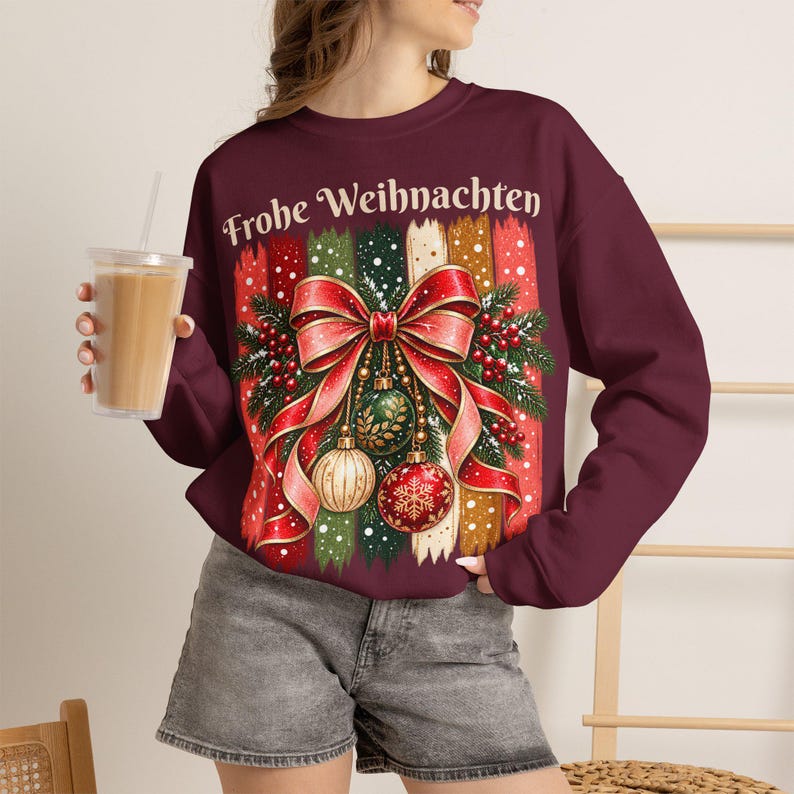 Weihnachtspullover Damen Frohe Weihnachten, Sweatshirt mit Schleife und Streifen, Weihnachtspulli Geschenk Frau Freundin Mama Bild 4
