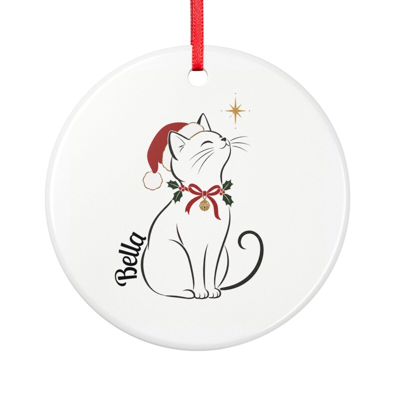Personalized Cat Christmas Ornament with Name, Elegant Cat in Santa Hat, Flat Ceramic Tree Ornament, Gift for Cat Lovers and Cat Moms image 2