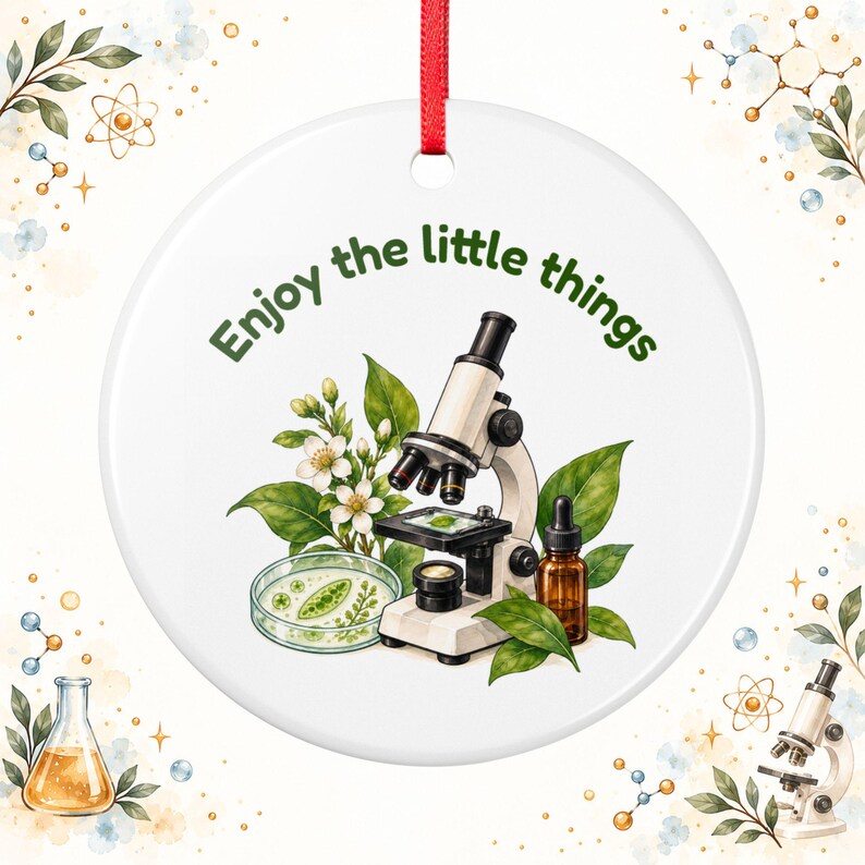 Biologe Geschenk Anhänger Mikroskop, Enjoy the little things, Keramik Deko Anhänger flach, Geschenk Biologielehrer Laborantin Kollegin Bild 1