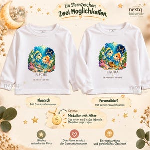 Puede incluir: Dos camisetas blancas de manga larga con un gr&aacute;fico submarino de dos peces, coral y un cofre del tesoro. Una camiseta muestra el texto FISCHE, la otra LAURA, con las fechas 19. Februar - 20. M&auml;rz y el s&iacute;mbolo del zodiaco Piscis.