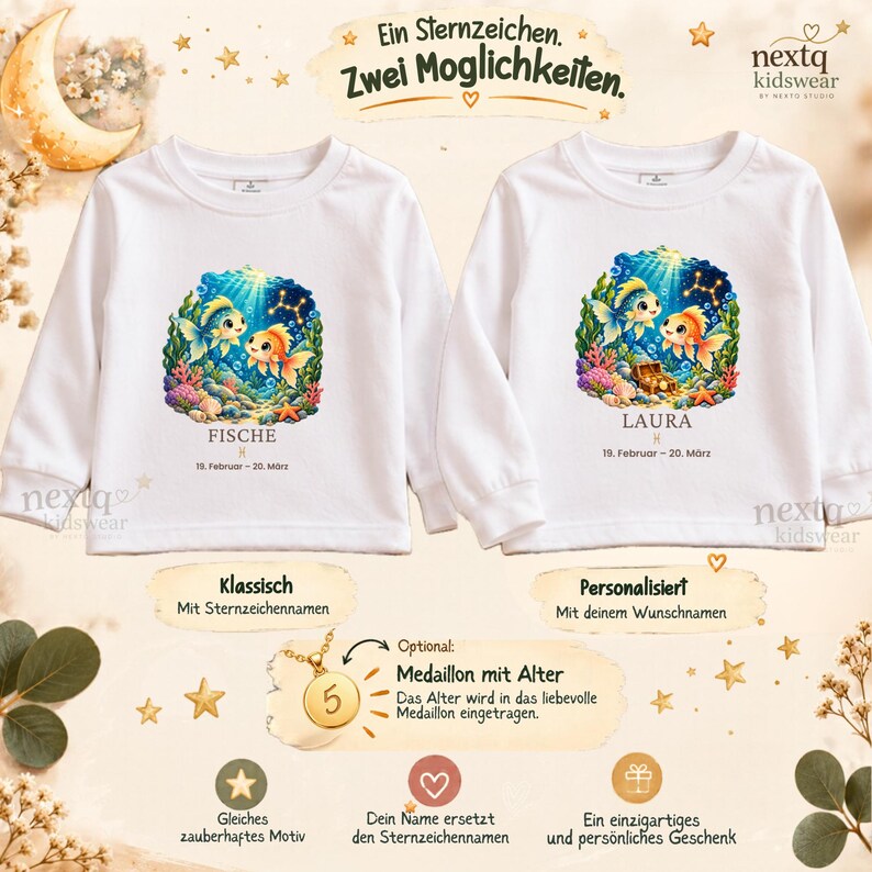 Puede incluir: Dos camisetas blancas de manga larga con un gr&aacute;fico submarino de dos peces, coral y un cofre del tesoro. Una camiseta muestra el texto FISCHE, la otra LAURA, con las fechas 19. Februar - 20. M&auml;rz y el s&iacute;mbolo del zodiaco Piscis.