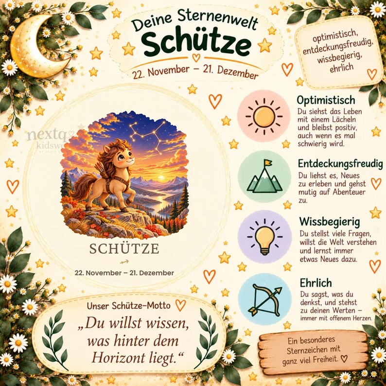 May include: A decorative poster titled "Deine Sternenwelt Sch&uuml;tze" featuring a cartoon pony in a mountain landscape, a crescent moon, and text describing personality traits like "Optimistisch" and "Ehrlich" with icons.