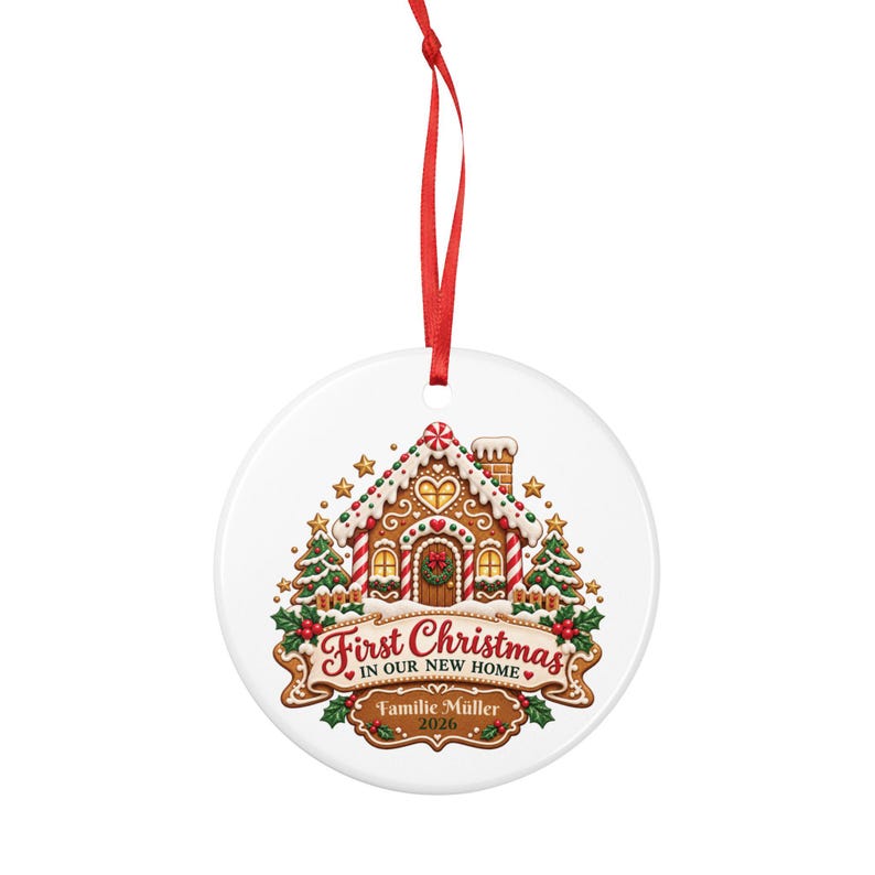 Gingerbread House Christmas Ornament 2026, First Christmas in Our New Home, Personalized Family Name, Flat Ceramic, Housewarming Gift image 3