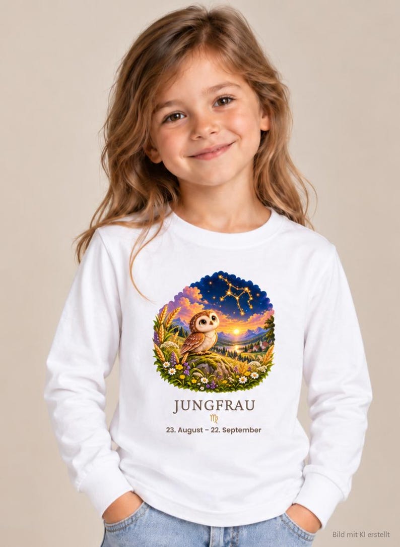 Mädchen trägt Kinder-Langarmshirt mit Jungfrau-Motiv aus „Deine kleine Sternenwelt“ (Bild mit KI erstellt)