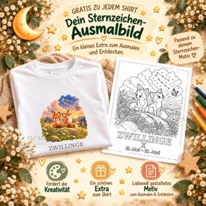 Pode incluir: Uma t-shirt branca com uma ilustra&ccedil;&atilde;o colorida de duas raposas sob uma constela&ccedil;&atilde;o e o texto ZWILLINGE. Ao lado, h&aacute; uma p&aacute;gina para colorir a preto e branco com o texto ZWILLINGE 21. Mai - 21. Juni.
