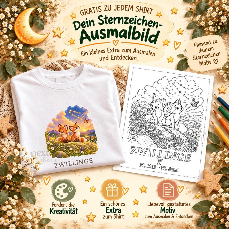 Pode incluir: Uma t-shirt branca com uma ilustra&ccedil;&atilde;o colorida de duas raposas sob uma constela&ccedil;&atilde;o e o texto ZWILLINGE. Ao lado, h&aacute; uma p&aacute;gina para colorir a preto e branco com o texto ZWILLINGE 21. Mai - 21. Juni.