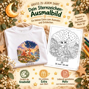 Puede incluir: Una camiseta blanca con una ilustraci&oacute;n colorida de un cangrejo y el texto KREBS, acompa&ntilde;ada de una p&aacute;gina para colorear en blanco y negro con el texto KREBS 22. Juni - 22. Juli, rodeada de estrellas y flores decorativas.