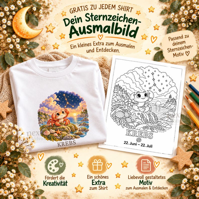 Puede incluir: Una camiseta blanca con una ilustraci&oacute;n colorida de un cangrejo y el texto KREBS, acompa&ntilde;ada de una p&aacute;gina para colorear en blanco y negro con el texto KREBS 22. Juni - 22. Juli, rodeada de estrellas y flores decorativas.