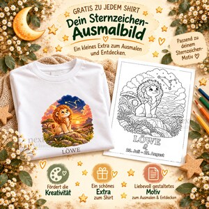 May include: A white t-shirt featuring a colorful lion illustration and the text L&Ouml;WE, accompanied by a matching black and white coloring page with the text L&Ouml;WE, 23. Juli - 22. August, and various German text elements including GRATIS ZU JEDEM SHIRT.