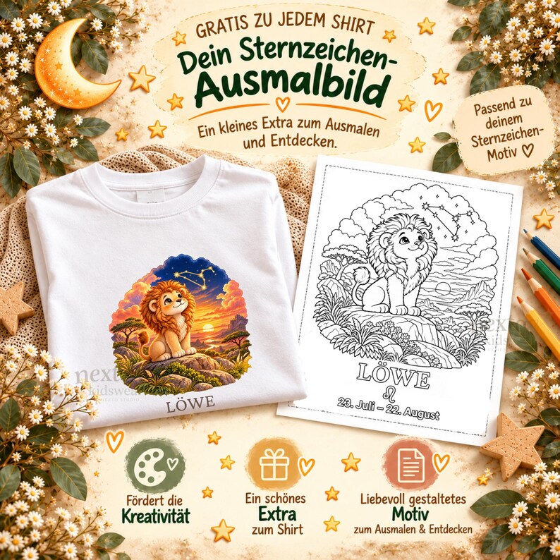 May include: A white t-shirt featuring a colorful lion illustration and the text L&Ouml;WE, accompanied by a matching black and white coloring page with the text L&Ouml;WE, 23. Juli - 22. August, and various German text elements including GRATIS ZU JEDEM SHIRT.