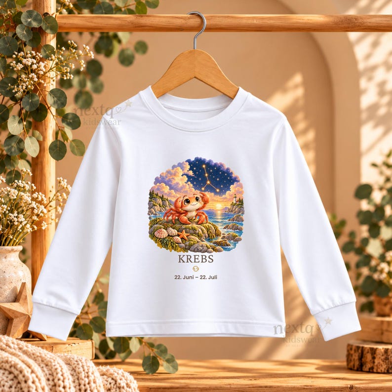 Puede incluir: Una camiseta blanca de manga larga con un gr&aacute;fico de un cangrejo en una costa rocosa bajo un cielo estrellado. Debajo de la ilustraci&oacute;n, el texto dice KREBS, el s&iacute;mbolo del zodiaco C&aacute;ncer y el rango de fechas 22. Juni &ndash; 22. Juli en negro.