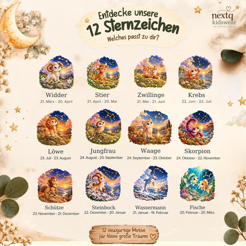 May include: A poster titled Entdecke unsere 12 Sternzeichen featuring twelve illustrated zodiac signs with animals and constellations, including Widder, Stier, Zwillinge, Krebs, L&ouml;we, Jungfrau, Waage, Skorpion, Sch&uuml;tze, Steinbock, Wassermann, and Fische.