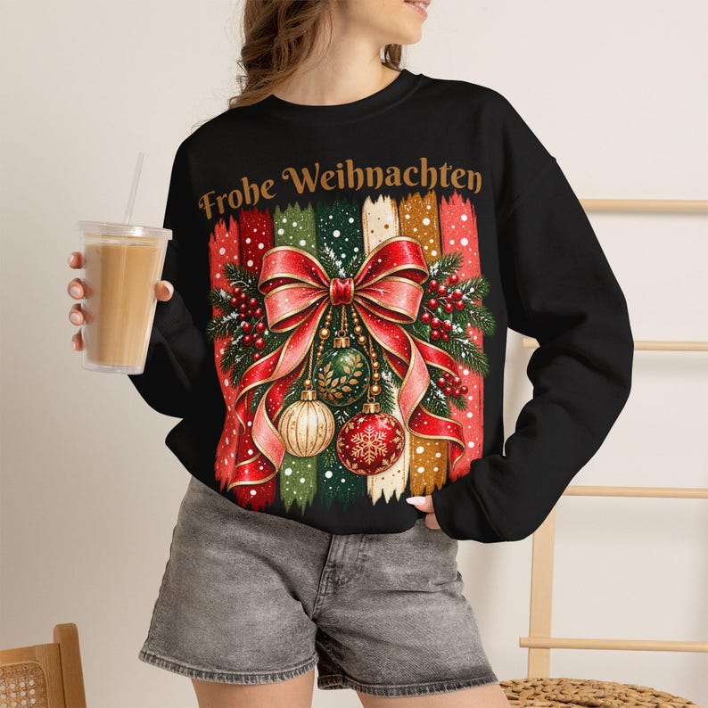 Weihnachtspullover Damen Frohe Weihnachten, Sweatshirt mit Schleife und Streifen, Weihnachtspulli Geschenk Frau Freundin Mama Bild 2