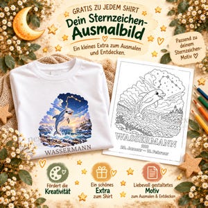 May include: A white t-shirt featuring a colorful dolphin and constellation graphic with the text WASSERMANN, alongside a matching black and white coloring page with the same dolphin design and the text WASSERMANN 20. Januar - 18. Februar.