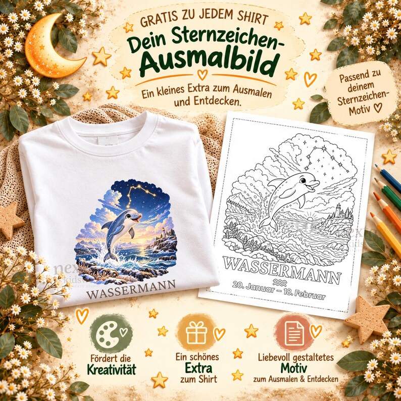 May include: A white t-shirt featuring a colorful dolphin and constellation graphic with the text WASSERMANN, alongside a matching black and white coloring page with the same dolphin design and the text WASSERMANN 20. Januar - 18. Februar.