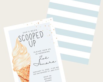 May include: An invitation with the text "She's Been Scooped Up" featuring a watercolor ice cream cone illustration. The invitation includes details for a celebration honoring Zoë Amara, with a light blue striped pattern on the back.