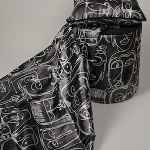 Black Silver Abstract Faces Upholstery & Curtain Fabric, Modern Designer Fabric by The Yard (55&quot;), Home Décor Projects, interior design