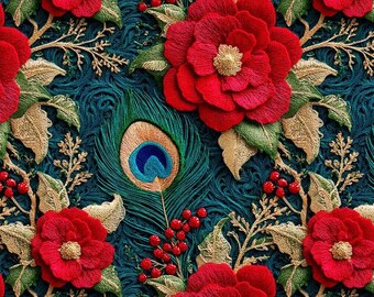 Printed Teal Peacock Feather Rose Upholstery Fabric, 3D Embroidery Look