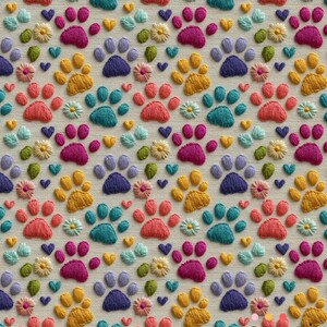 May include: A repeating pattern of embroidered paw prints, hearts, and flowers in a variety of colors including pink, yellow, blue, and green. The design is set against a neutral, off-white background.