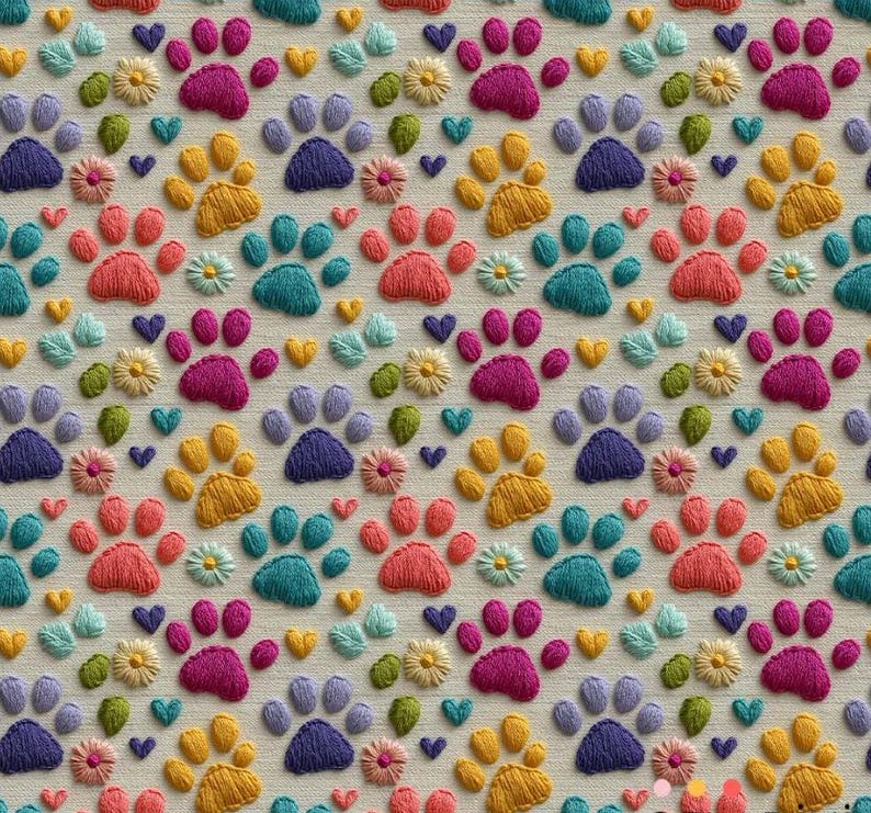 May include: A repeating pattern of embroidered paw prints, hearts, and flowers in a variety of colors including pink, yellow, blue, and green. The design is set against a neutral, off-white background.