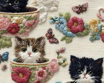 Cat & Floral Teacup Printed Fabric by yard – 3D Embroidery Effect Microfiber
