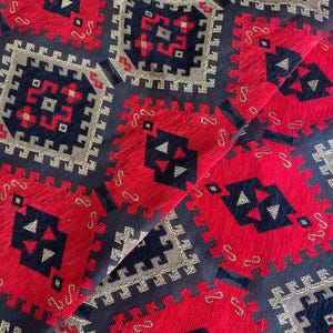 Vintage Chenille Upholstery Fabric – Red and Blue Kilim Pattern, Durable DIY Material