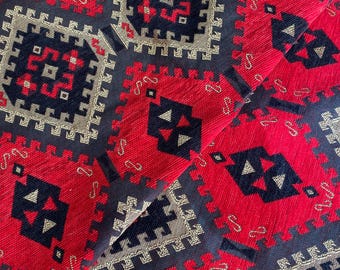 Vintage Chenille Upholstery Fabric – Red and Blue Kilim Pattern, Durable DIY Material