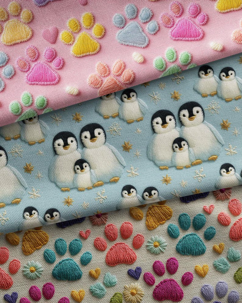 May include: Close-up of three fabrics with embroidered patterns. The top fabric is pink with yellow, pink, and blue paw prints. The middle fabric is light blue with penguin families. The bottom fabric is gray with colorful paw prints, hearts, and flowers.