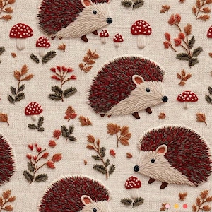 May include: A repeating pattern featuring embroidered hedgehogs, red-capped mushrooms, and autumn leaves. The hedgehogs have brown and cream-colored details. The background is a light beige fabric.