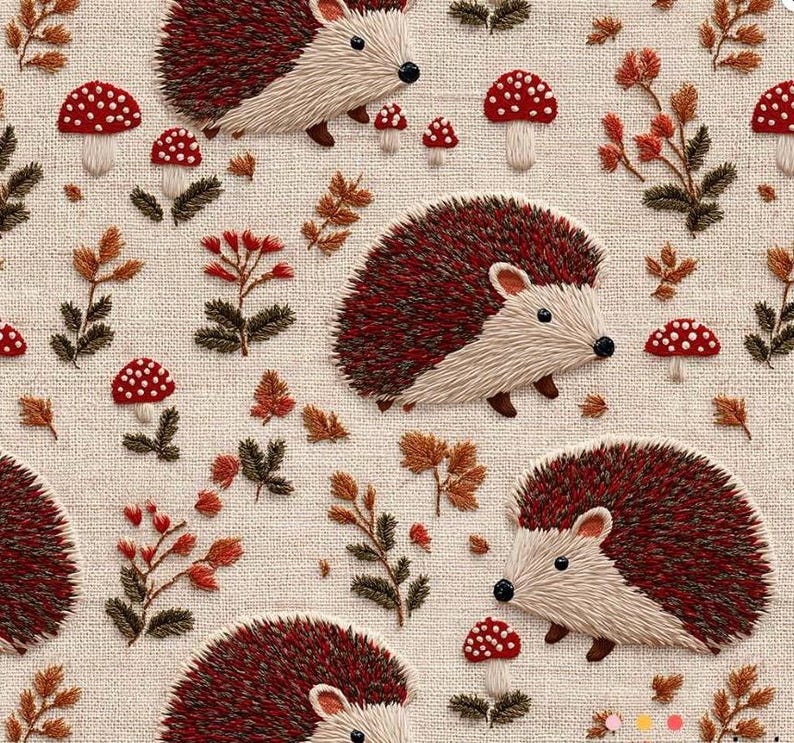May include: A repeating pattern featuring embroidered hedgehogs, red-capped mushrooms, and autumn leaves. The hedgehogs have brown and cream-colored details. The background is a light beige fabric.