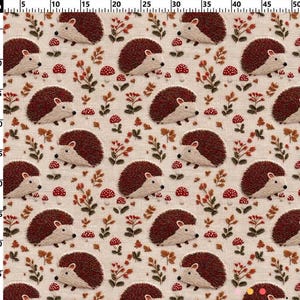 May include: A repeating pattern of hedgehogs, mushrooms, and foliage in shades of brown, red, and beige. The hedgehogs have brown quills and white faces. The mushrooms are red with white spots. The design is on a beige background.
