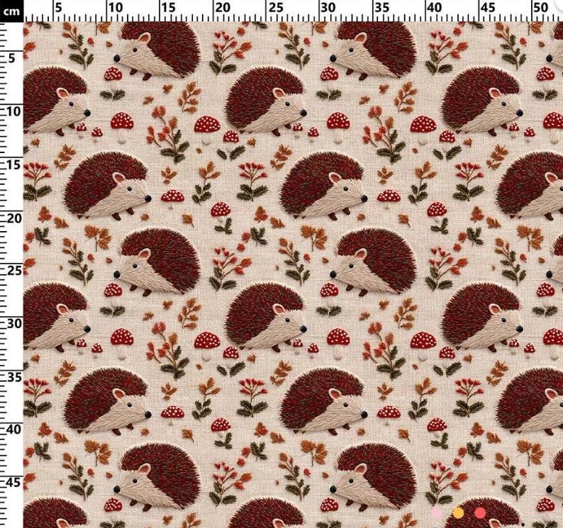May include: A repeating pattern of hedgehogs, mushrooms, and foliage in shades of brown, red, and beige. The hedgehogs have brown quills and white faces. The mushrooms are red with white spots. The design is on a beige background.