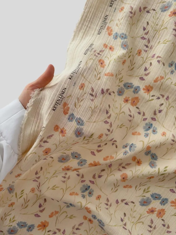 100% Cotton Floral Print Cream Muslin Fabric - Double Gauze Crinkle Soft  Dress Fabric