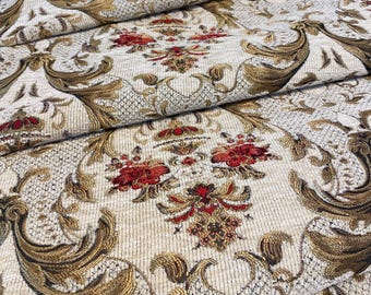 Ethnic Floral Chenille Gobelin Upholstery Fabric by the Yard, Furniture Fabric for Sofa, Vintage Woven Jacquard