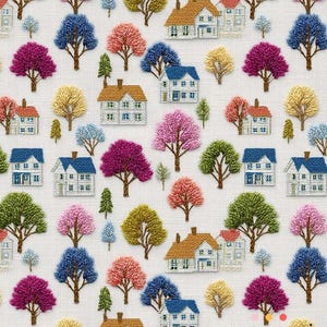 May include: A repeating pattern of embroidered houses and trees in various colors, including blue, pink, yellow, and orange, on a white background. The design features detailed stitching, creating a textured and whimsical aesthetic.