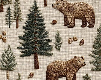 Printed Bear and Pine Tree Upholstery Fabric by yard, Rustic Cabin Decor