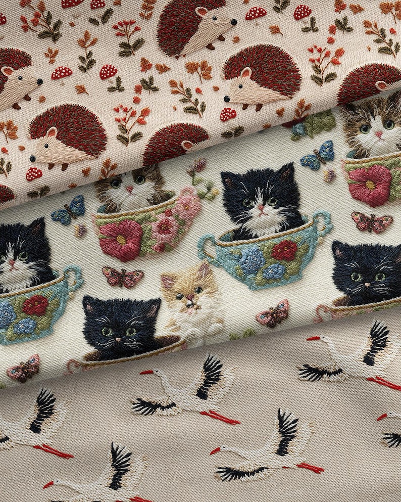May include: Close-up of three different fabrics with embroidered designs. One features hedgehogs, mushrooms, and foliage. Another showcases kittens in teacups with butterflies. The third displays flying storks.